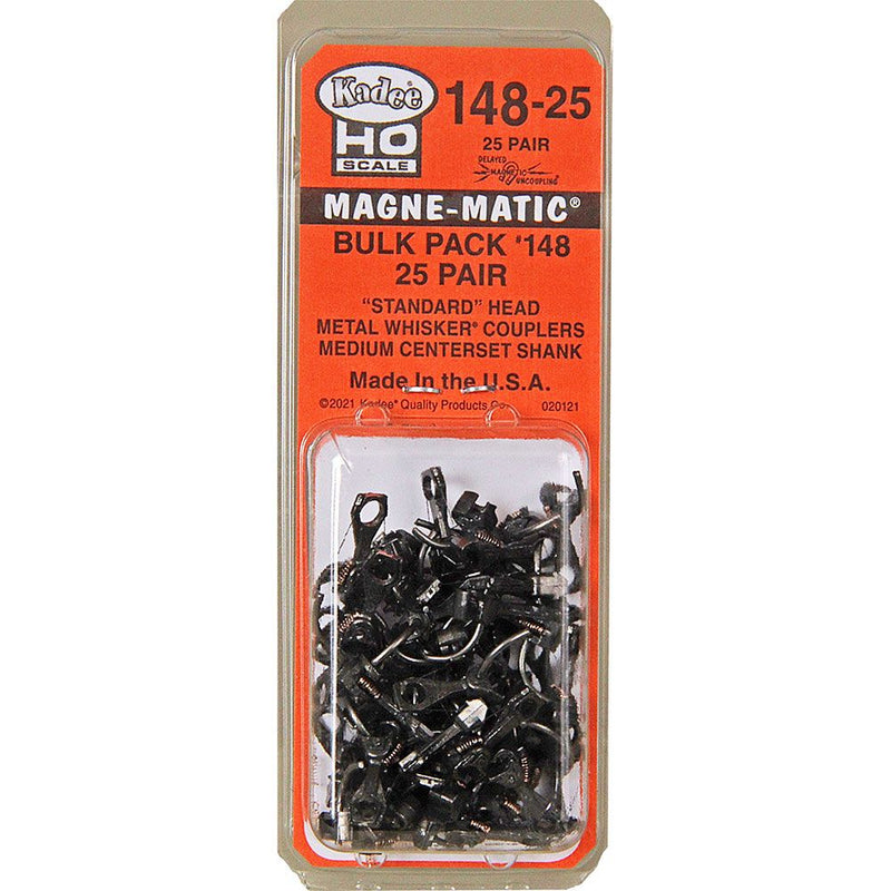 Load image into Gallery viewer, Kadee #148-25 HO Scale Bulk Pack - 25 pair #148 Whisker Metal Couplers - Medium (9/32") Centerset Shank