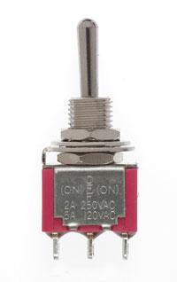 Miniatronics Mini Toggle -Ctr Off-Mom Spring -SPDT-5amp-120v-1/4 in Dia [2] MNT3622005