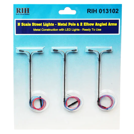 Rock Island Hobby RIH013102 N Scale Streetlights vertical pole and 2 elbow angled arms