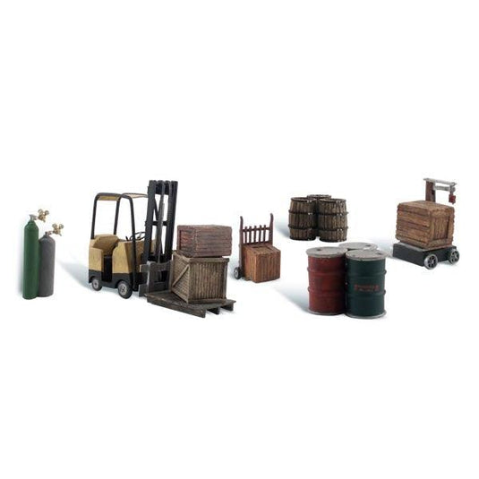 HO Scenic Accents Loading Dock Details (Forklift, Crates, Barrels, Welding Tanks, etc) - Fusion Scale Hobbies